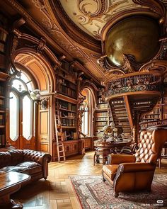 an ornate library with leather couches and bookshelves in the center, along with a spiral staircase