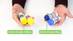 two hands holding three different types of medicine bottles and labeled with the words art - grade yellow, artist - grade blue, and anti - grade blue