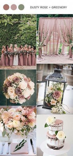 the wedding color scheme is dusty rose and green