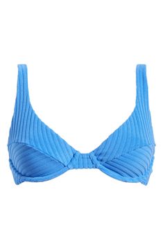 This textured bikini top features a supportive underwire and shaped cups for all-day comfort at the beach. Clasps at back Adjustable straps Lined 95% polyester, 5% elastane Machine wash, dry flat Imported Blue Textured Fitted Swimwear, Fitted Textured Blue Swimwear, Blue Textured Beachwear Swimwear, Textured Blue Beachwear Swimwear, Blue Textured Swimwear For Pool, Textured Blue Swimwear For Pool, Blue Textured Swimwear For Swimming, Textured Beachy Swimwear For Pool, Preppy Bathing Suit