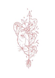 a drawing of a tiger with flowers on it's head and an arrow in its mouth