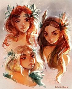 three girls with long hair and feathers on their heads, one is wearing a wreath