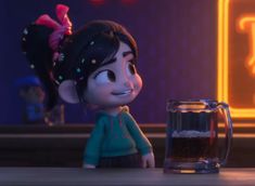 an animated character next to a beer mug