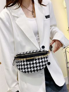 BagForLove - Houndstooth Waist Bag with Chain Decoration - Sleek & Stylish Product Description Color Black and White Details Chain Strap Type Adjustable Pattern Type Houndstooth Bag Size Small Closure Type Zipper Type Bum Bag Style Fashionable Composition 100% Polyamide Material Polyamide Size Chart INCH CM Strap Length Bag Height Bag Width Bag Length 47.2 inch 5.9 inch 2.8 inch 9.1 inch Strap Length Bag Height Bag Width Bag Length 120 cm 15 cm 7 cm 23 cm Details Pictures Similar Products h2 { t Chic Black Bag With Houndstooth Pattern, Trendy Houndstooth Shoulder Bag, Chic Black Houndstooth Pattern Bag, Black Houndstooth Pattern Bag, Casual Black Bag With Chain Detail, Casual Black Bag With Chain, Houndstooth Bag, Bag With Chain, Waist Bags