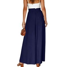 Navy Blue Elatic Belt Wide Leg Long Culotte Elegant Blue Bottoms For Brunch, Solid Blue Summer Bottoms, Summer Blue Solid Color Bottoms, Blue Solid Color Summer Bottoms, Versatile Blue Bottoms For Vacation, Elegant Blue Bottoms For Vacation, Versatile Blue Bottoms For Beach, Versatile Blue Beach Bottoms, Belt Wide