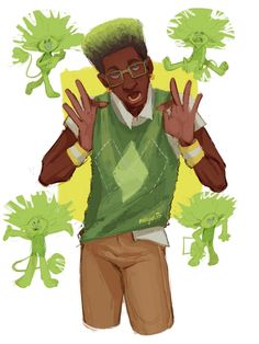 a drawing of a man with green hair and glasses making the peace sign in front of his hands