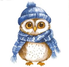 an owl wearing a blue hat and scarf