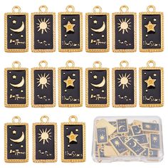 30 - Black enamel star and moon charms  * 3 different styles * Brass Enamel Charm *  ❤[NICE COLOR MATCH]: The star and moon charms with black and gold can give people a very advanced feeling. The background of the star moon themed charm is black, more like the bright moon and shining stars in the night, as if people are immersive. ❤ You will get a box of 30pcs rectangular charms in 3 styles, which can meet your needs in the style and quantity of the charms, so that you can mix and match the charm as you wish. ❤[SIZE]: Star and moon charms: 23x12x2mm(0.91x0.47x0.08inch), hole: 2mm, 3 style, 30pcs, plastic bead containers: 6.8x5.2x1.1cm, 1pc. ❤[GOOD QUALITY MATERIAL]: The black enamel charms is made of alloy, alloy is a very hard metal, not easy to deformation, and in daily use it is not eas Bright Moon, Diy Wax, Halloween Necklace, Star And Moon, Comme Si, Hard Metal, Women Diy, Star Moon, Jewelry Making Charms