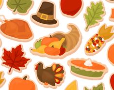 a bunch of stickers with different types of thanksgiving foods and leaves on them, all in various shapes and sizes