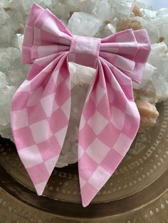 "New Doll Inspired Bow.  This checkered print will be similar to her gingham print dress in the movie but uses 2 shades of pink in a Modern Checker print for the ultimate Pink bow. Each bow is 6.5\" across with a length of 8.5\".  Alligator clip is both Hot glued and hand sewn for double security. Perfect for Ponytails or 1/2 up style.  This mimics a girly cheer bow style with the modern vintage style that is trending on Instagram and tick tock. Turn around time is 2-3 days for these bows as each is hand made to order." Modern Vintage Style, Wedding Barrettes, Sailor Bow, Pink Checkered, Bow Style, Modern Vintage Fashion, Checkered Print, Cheer Bow, Checker Print