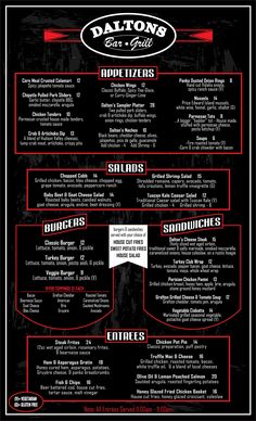 a black and red menu with the names of different types of food items on it