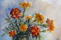 a watercolor painting of flowers in a vase