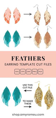 earrings with different shapes and colors to choose from, including the text that says feathering template cut files