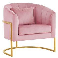 a pink chair with gold legs and a pillow on the armrest is shown in front of a white background