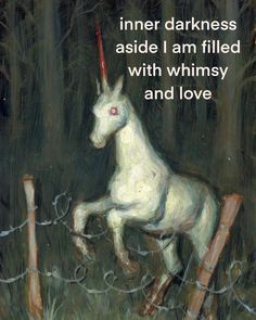 a painting of a unicorn sitting on top of a wooden fence with barbed wire around it