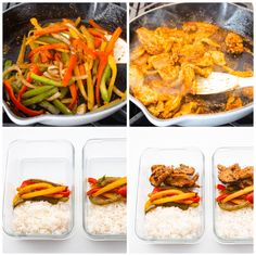 four images show different stages of cooking vegetables and rice in pans, then adding them to the same dish