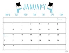 a calendar with two snowmen on it and the words january written in blue ink