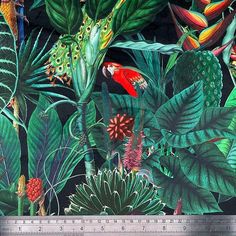 a painting of tropical plants and birds on a black background, with ruler in foreground