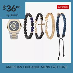 Designed with fashion and versatility in mind, this sophisticated timepiece from American exchange features a two-tone bracelet and coordinating bracelets that can be worn separately or together as a total look.# Pieces In Set: 5Number of Batteries: 1Included: 1 Watch(es), 4 Bracelet(s)Features: Comfort, Adjustable, Wear Resistant, Batteries Included, Scratch Resistant, Analog, Quick ShipJewelry Closure: Fold Over ClaspPower Source: Battery (included)Watch Movement: QuartzBand Color: Two ToneDi… Metal Analog Watches With Adjustable Fit, Adjustable Metal Analog Watches, Adjustable Analog Metal Watches, Gold Adjustable Watch Accessories, Two Tone Bracelet, Total Look, Watch Movement, Fold Over, Time Piece