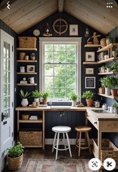 a kitchen with wooden shelves and plants in the window, along with an area rug on the floor