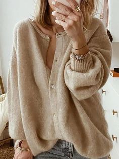 Khaki Casual Tops Round Neck Long Sleeve Solid Sweater Designer Cardigan, Cardigan Casual, Winter Vest, Long Sleeve Knitted Cardigan, Solid Sweaters, Estilo Chic, Elegantes Outfit, Fashion Pattern, Sleeves (women)