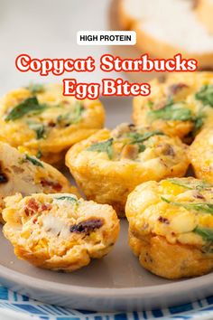 some food is on a plate and has the words copycat starbucks's egg bites