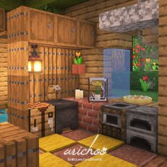 an image of a living room in minecraft with wood walls and flooring that looks like it is made out of bricks