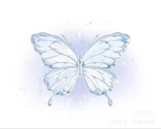 a blue and white butterfly flying in the air with water droplets on it's wings