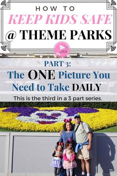 the family is posing for a photo in front of a flower display at disney world