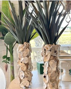 two vases with plants in them sitting on a table