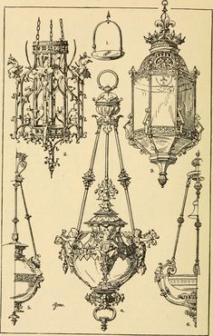 an old drawing of various lamps and chandeliers