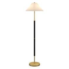 a black and gold floor lamp with a white shade on the top, standing in front of a white background