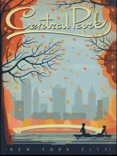 a poster advertising central park in new york city, with two people rowing a boat