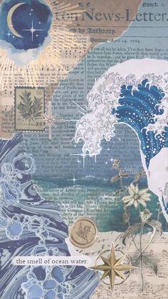 an artistic collage with waves, stars and other things on it's surface