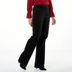 DG2 by Diane Gilman Stretch Velvet Pull-On Trouser  We are still crushing on velvet this season, and who wouldn't be with these effortlessly elegant trousers from Diane Gilman? The pull-on comfort waistband gives the illusion of a smoother tummy, while the versatile wide-leg shape creates a long-and-lean appearance. Pair them with a satin blouse and heels for a night out, or dress them down with a cozy sweater and ankle boots for a chic daytime ensemble. Elegant Trousers, Trouser Design, Trouser Style, Satin Blouse, Stretch Velvet, Cozy Sweater, Draped Fabric, Cozy Sweaters, Fashion Clothes Women