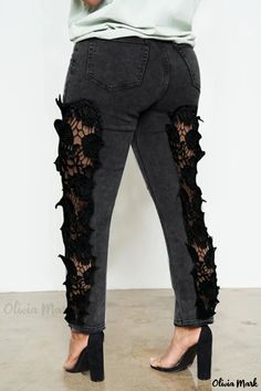 Olivia Mark - Womens Mid-Waisted Casual Denim Pants in Black with Solid Patchwork Design Edgy Non-stretch Straight Leg Bottoms, Black Non-stretch Denim Pants, High Waist Black Denim Bottoms, Non-stretch Black Denim Pants, Black Non-stretch High Waist Jeans, Black High Waist Non-stretch Jeans, Non-stretch High Waist Black Jeans, Black Tapered Leg Jeans For Spring, Edgy Spring Tapered Leg Bottoms