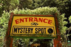 there is a sign that says entrance to mystery spot in front of trees and bushes