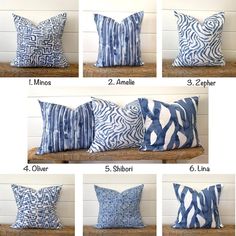 six pillows with different patterns and sizes on them, all showing the same size for each pillow