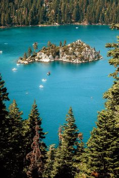 an island in the middle of a lake surrounded by pine trees and other small boats