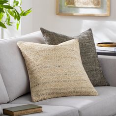 two pillows sitting on top of a white couch next to a potted green plant