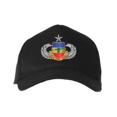 a black hat with an emblem on it