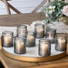 Vintage Smoke Gray Glass Tea Light Holder (Set of 8) - Main Image | My Wedding Favors Glass Tealight Candle Holders, Glass Votives, Glass Votive Candle Holders, Glass Tea Light Holders, Candle Wedding Favors, Candle Favors, Votive Holder, Glass Votive, Vintage Candles