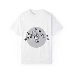 A music-themed T-shirt featuring the word "Music" spelled out in musical notes on a vinyl record. This unique design gives off a creative and artistic vibe, perfect for music lovers and enthusiasts. Ideal for casual wear or as a statement piece at music events and festivals. Product features - Available in sizes S to 4XL for the perfect fit - Double-needle stitching for durability - Without side seams for a more attractive look - Garment-dyed fabric for a soft color and texture - Made with high- White Music-themed Crew Neck T-shirt, Music-themed White Tops With Letter Print, White Hip Hop T-shirt For Concert, Music-themed Graphic T-shirt For Streetwear, Music-themed Text Print Crew Neck T-shirt, White Letter Print T-shirt For Music Festival, Music-themed Text Print T-shirt For Streetwear, White Music-themed T-shirt With Text Print, White Music-themed T-shirt With Graphic Design