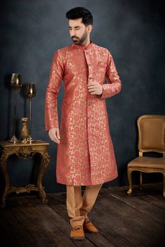 Fetching Pink Banarasi Jacquard Fabric Wedding Wear Readymade Indo Wes Orange Suit