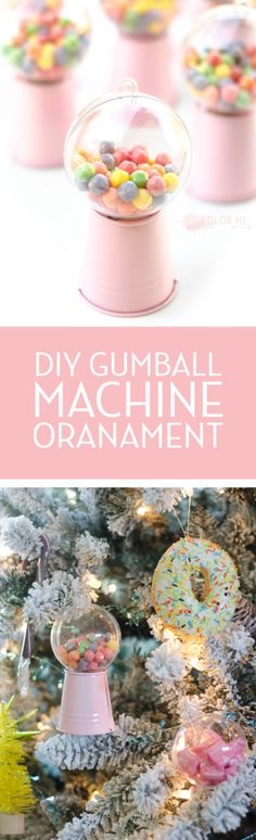 diy gumball machine ornament on a christmas tree with text overlay