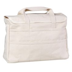 a white canvas tote bag with handles on the front and side, sitting against a white background