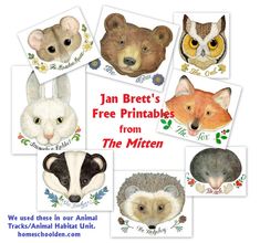 an image of animals with the words jan brett's free printables from the mitten