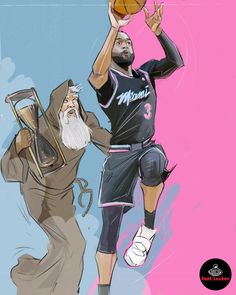 two basketball players one with a beard and the other holding a basketball in his hand