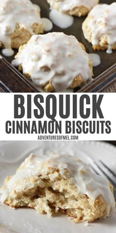 cinnamon biscuits with icing are on a white plate and in the background there is a baking pan