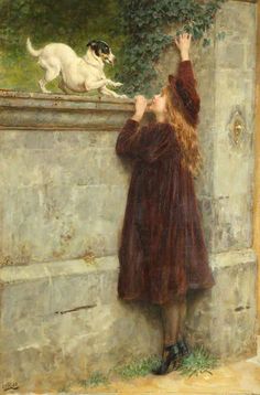 a painting of a woman looking at a dog on a wall with her hand up in the air